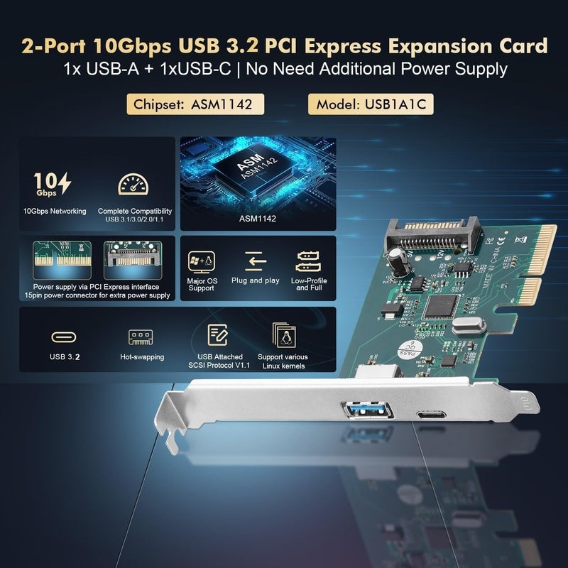 Binardat PCIE to USB 3.2 Gen2 10Gbps Expansion Card, 2 Port USB Type-A and Type-C Ports, Self-Powered, Low Profile Bracket, USB3.2 Hub Controller Adapter for Windows 10/11 - Image 2